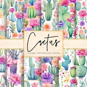 May include: A collection of watercolor cactus patterns in various colors, including pink, blue, green, and purple. The word "Cactus" is written in black script on a beige background. The image includes the text "12 images | 3600x3600 pixels | seamless".