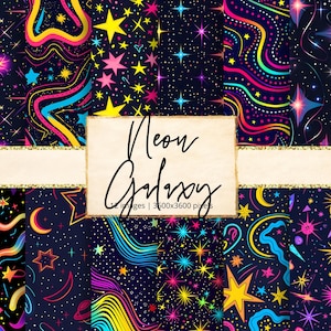 May include: A set of 12 digital paper patterns featuring a neon galaxy theme. The patterns include stars, planets, and swirling lines in bright colors like pink, blue, yellow, and green on a dark blue background. The text "Neon Galaxy" is written on a brown rectangle in the center of the image.