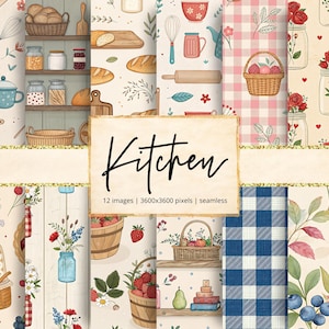 Könnte beinhalten: Eine Sammlung nahtloser digitaler Papiere mit Küchenthema. Die Papiere zeigen Illustrationen von Küchenutensilien, Backwaren und floralen Mustern in sanften Farben. Das Wort "Kitchen" ist in einer Schreibschrift auf einem beigen Hintergrund geschrieben.