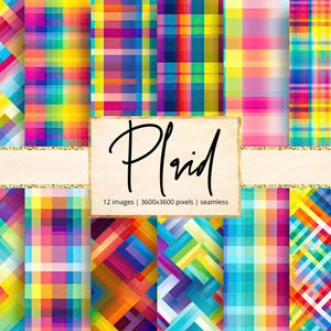 Puede incluir: Una colección de 12 patrones de cuadros sin costuras en colores vibrantes, incluyendo rosa, amarillo, azul y verde. La palabra "Plaid" está escrita en cursiva sobre una pancarta con borde dorado. La imagen también incluye el texto "12 images | 3600x3600 pixels | seamless."