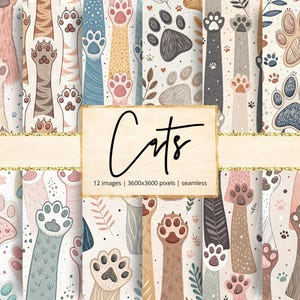 Può includere: Carte digitali senza cuciture con zampe e zampe di gatto in vari colori e motivi. L'immagine include la parola "Cats" in un carattere scritto a mano, insieme ai dettagli sulle dimensioni dell'immagine e sul numero di immagini.