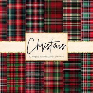 Puede incluir: Una colección de doce patrones de cuadros navideños sin costuras en rojo, verde y blanco. La palabra "Christmas" está escrita en una elegante escritura sobre un fondo crema con un borde dorado. Dimensiones de la imagen: 3600x3600 píxeles.