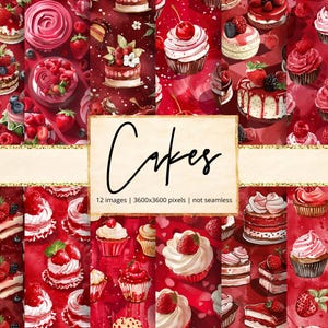 May include: A collection of watercolor images featuring various cakes and pastries with red and pink berries. The word "Cakes" is written in a cursive font on a beige background. The images are on a red background.