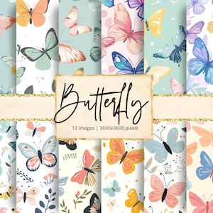 Pode incluir: Uma coleção de 12 papéis digitais com padrões de borboletas em várias cores, incluindo rosa, azul, amarelo e laranja. A palavra "Butterfly" está escrita em itálico, com as dimensões da imagem abaixo.