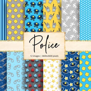 Op de afbeelding: Twaalf digitale papierontwerpen met politiethema's. De patronen omvatten blauwe en witte strepen, blauwe en witte stippen, gele en blauwe sterren, blauwe en witte handboeien, blauwe en witte politiepetjes, gele en blauwe walkie-talkies, blauwe en witte badges en grijze en witte rennende figuren. De tekst "Police" wordt weergegeven in een banner bovenaan de afbeelding.