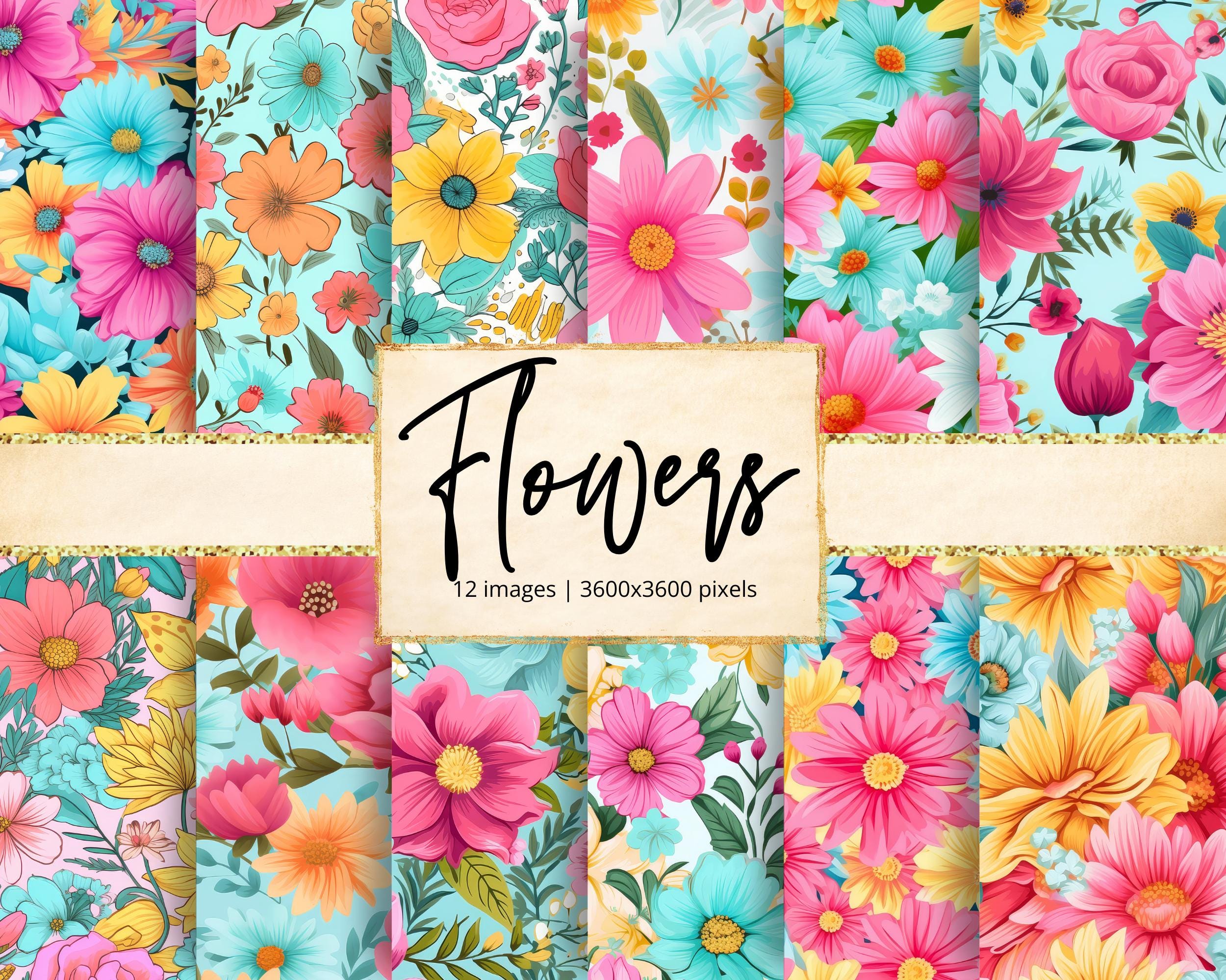 Pink Blue Flowers Digital Paper, Spring Meadow, Floral, Botanical ...