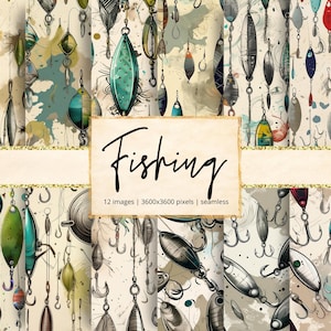May include: A digital art print featuring a repeating pattern of fishing lures and hooks in various colors, including green, blue, and silver. The word "Fishing" is displayed on a parchment-style banner. The background has watercolor-like splashes.