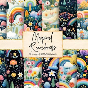 May include: Twelve digital paper designs featuring colorful rainbows, flowers, and trees on a dark blue background. The text "Magical Rainbows" is displayed in the center of the image. The text "12 images | 3600x3600 pixels" is displayed below the title.