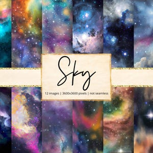 May include: A set of 12 digital images displaying colourful nebulae and galaxies. The images feature swirling blues, purples, oranges, and pinks, with the word "Sky" in a handwritten font. The images are 3600x3600 pixels.
