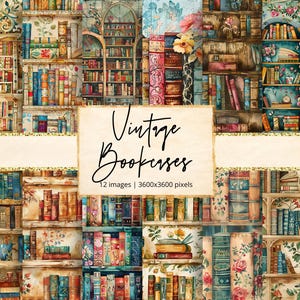 Papel digital de librerías antiguas, basura de biblioteca, libros antiguos, estanterías, amantes de los libros, papel para álbumes de recortes, papeles digitales, uso comercial