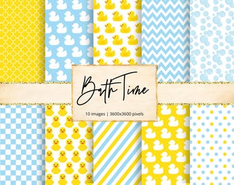 Bath Time Digital Paper, Rubber Duck, Duckies, Bathtub, Bathroom, Shampoo, Toilet, Water,  Pattern, junk journal, scrapbook