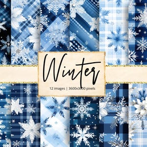 May include: A digital paper pack featuring a variety of winter-themed patterns in shades of blue and white. The designs include snowflakes, plaid, and floral elements. The word "Winter" is written in black script on a beige banner.