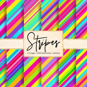 May include: A collection of twelve seamless digital images featuring vibrant, diagonal stripes in a variety of bright colors. The word "Stripes" is written in cursive on a gold-edged label.