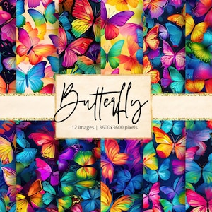 以下が含まれることがあります： 鮮やかな色の蝶々が描かれた12枚のデジタル画像コレクション。蝶はピンク、青、黄色、紫など様々な色合いで、暗い背景に配置されています。「Butterfly」の文字がエレガントな筆記体で書かれています。