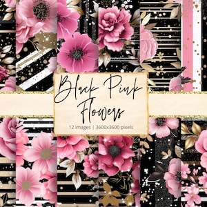 Pink und Schwarz Blume Digital Papier, Shabby Chic, Vintage Blume, Gold Schwarz Rosa Blumenmuster, scrapbook Papier, kommerzielle Nutzung