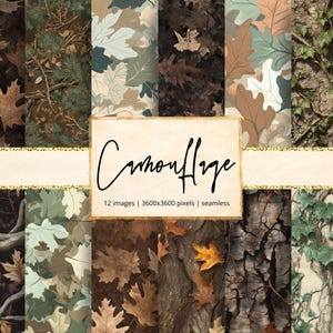 May include: A collection of 12 seamless camouflage patterns in various earthy tones. The designs include leaf, bark, and branch textures. The word "Camouflage" is written in cursive on a beige background with gold trim.