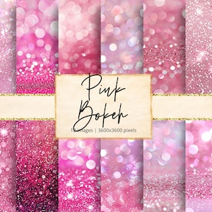 Puede incluir: Una colección de imágenes bokeh rosas con diversas tonalidades y texturas. Las imágenes presentan brillo, enfoque suave y efectos brillantes. Una pancarta central dice "Pink Bokeh" con detalles de la imagen.