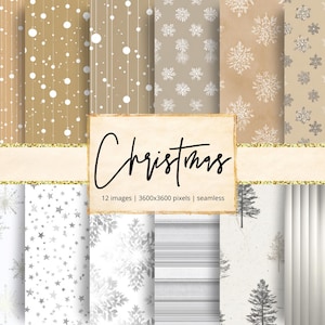 Papel digital navideño blanco, festivo, alegre, Papá Noel, Navidad, beige, crema, fondos, diario basura, álbum de recortes, sin costuras