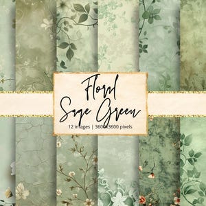 Papel digital floral verde salvia, flores de acuarela verde pastel, verde shabby chic, verde boho, texturas para bodas, diario basura, álbum de recortes