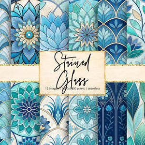 May include: Twelve seamless digital images showcasing stained glass patterns in blue, teal, and gold. The designs feature floral and geometric shapes, with the text "Stained Glass" in a decorative script. Each image is 3600x3600 pixels.