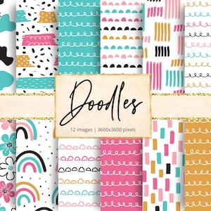 May include: A set of 12 digital paper patterns featuring colourful doodles on a white background. The patterns include rainbows, flowers, stripes, and abstract shapes. The text "Doodles" and "12 images | 3600x3600 pixels" is included in the image.