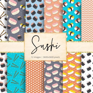 Sushi papier numérique, riz, algues, poisson, sashimi, rouleau, saumon, nigiri, baguettes, japonais, asiatique, nourriture, arrière-plans, scrapbooking