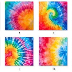 May include: Twelve different tie-dye patterns in a variety of colors, including pink, blue, yellow, green, and orange. Each pattern is a unique swirl design.