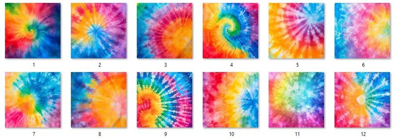 May include: Twelve different tie-dye patterns in a variety of colors, including pink, blue, yellow, green, and orange. Each pattern is a unique swirl design.
