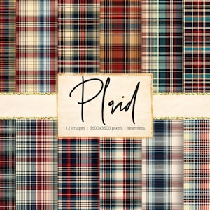 May include: A collection of twelve plaid patterns in various color schemes, including red, navy, beige, and teal. The word "Plaid" is written in cursive on a cream-colored banner. The image also includes the text "12 images | 3600x3600 pixels | seamless".