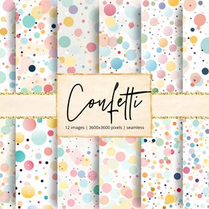 Könnte beinhalten: Eine Sammlung von 12 digitalen Bildern mit einem nahtlosen Konfetti-Muster. Das Design zeigt farbenfrohe, zufällig verstreute Kreise in Rosa, Blau, Gelb und Grün auf weißem Hintergrund. Das Wort "Confetti" ist in Schreibschrift geschrieben.