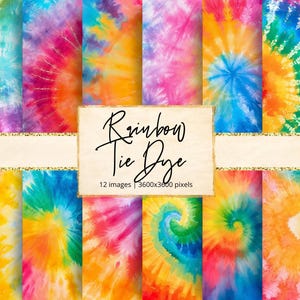 May include: Twelve digital paper designs featuring a rainbow tie-dye pattern. The papers are 3600x3600 pixels.