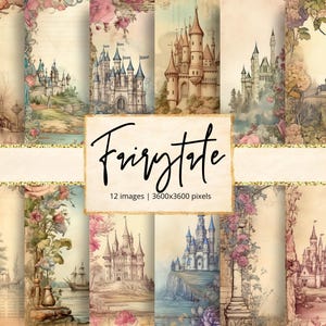 Könnte beinhalten: Eine Sammlung von 12 digitalen Bildern mit Illustrationen von Märchenschlössern. Jedes Bild zeigt ein anderes Schlossdesign, umgeben von floralen Bordüren in sanften Pastellfarben. Der Text "Fairytale" ist in eleganter Schrift dargestellt.