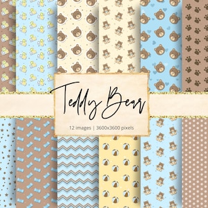 Teddy Bear Digital Paper, Plush, Newborn, Nursery, Blue, Baby, Toy, Kids, Bears, Animals, Baby Shower, Party, Backgrounds, Scrapbook