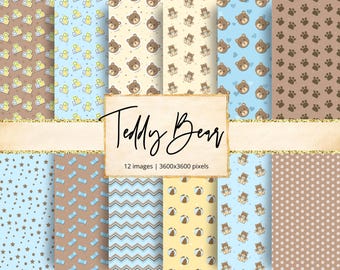 Teddy Bear Digital Paper, Plush, Newborn, Nursery, Blue, Baby, Toy, Kids, Bears, Animals, Baby Shower, Party, Backgrounds, Scrapbook