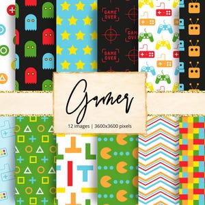 May include: Twelve digital paper designs featuring retro video game graphics. The designs include a blue and yellow Pac-Man pattern, a red, yellow, and blue pixelated pattern, a green and yellow pattern with a joystick, a blue and white pattern with a joystick, a red, yellow, and blue pattern with a target, a blue and yellow pattern with a ghost, a red, yellow, and blue pattern with a robot, a green and yellow pattern with geometric shapes, a red, yellow, and blue pattern with a target, a blue and white pattern with a joystick, a red, yellow, and blue pattern with a robot, and a green and yellow pattern with geometric shapes.