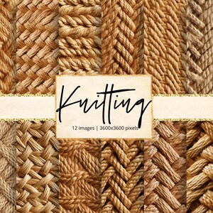 May include: Twelve images displaying diverse knitted textures in brown and beige tones. The word "Knitting" is written in a stylish script, with image dimensions included. The textures feature complex patterns, suitable for digital design or craft projects.