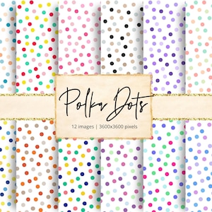 May include: Twelve digital paper patterns featuring polka dots in various colours, including blue, green, yellow, red, pink, orange, purple, and brown. The patterns are 3600x3600 pixels.