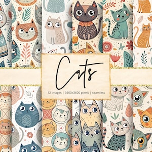 Op de afbeelding: Een verzameling naadloze digitale papieren met verschillende cartoon kat illustraties in een verscheidenheid aan kleuren. Het woord "Cats" is geschreven in een cursief lettertype op een bruine achtergrond. De papieren hebben een herhalend patroon van katten, bloemen en bladeren.