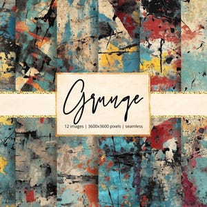 May include: A collection of 12 seamless grunge images with a textured, abstract design. The artwork features splatters and brushstrokes in shades of blue, red, yellow, and black. The word "Grunge" is written in a cursive font.