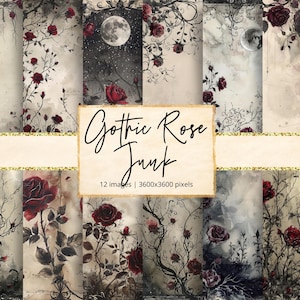 Puede incluir: Doce diseños de papel digital con un tema de rosa gótica. Los papeles presentan rosas rojo oscuro, enredaderas y una luna sobre un fondo texturizado.