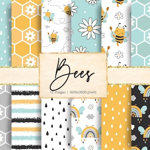 Bijen digitaal papier, honingbij, geel, blauw, bloemen, bloeit, stuifmeel, bijenkorf, imker, kwekerij, achtergronden, ongewenste dagboek, plakboek
