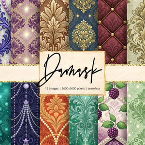 Op de afbeelding: Een verzameling van 12 naadloze damastpatronen in diverse kleuren, waaronder paars, goud, blauwgroen en bordeaux. Elk patroon heeft sierlijke bloemmotieven en texturen. De afbeelding bevat het woord "Damask" in handschrift.