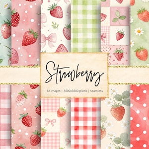 May include: A selection of watercolour seamless patterns featuring strawberries, bows, gingham, and floral designs. The word "Strawberry" is written in a cursive font. The patterns are in shades of pink, red, green, and white.