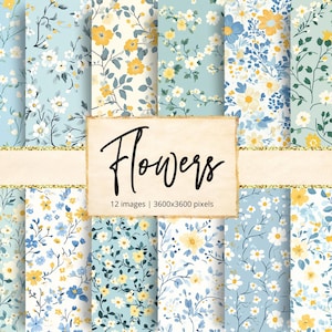 Papel digital con flores azules y amarillas, prado primaveral, floral, botánico, flores silvestres, bohemio, jardín, pétalos, fondos, diario basura, álbum de recortes