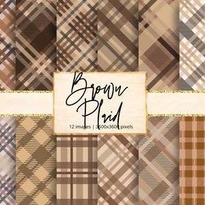 Könnte beinhalten: Ein Set mit 12 digitalen Papiermustern mit braunen Karomustern. Die Muster sind nahtlos und können für Scrapbooking, Kartenherstellung und andere Bastelprojekte verwendet werden.  Brown Plaid - 12 images | 3600x3600 pixels