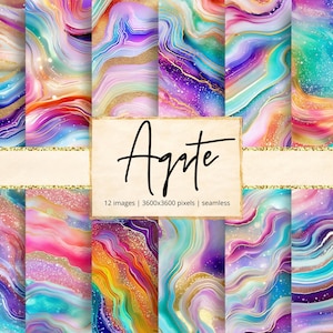 May include: A collection of 12 digital images with a seamless agate design. The images feature swirling patterns in shades of purple, blue, green, orange, and gold. The word "Agate" is written in black script on a beige background.