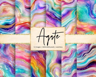Rainbow Agate Digital Paper, Marble, Geode, Texture, Abstract, Stone, Gem, Quartz, Crystal, Backgrounds, Junk Journal, Scrapbook