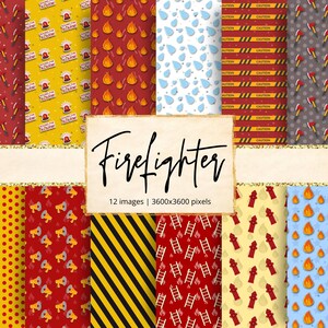 May include: Twelve digital paper designs featuring firefighter themes. The designs include red and yellow fire hydrants, yellow caution tape, red fire trucks, blue water drops, red flames, and yellow polka dots.