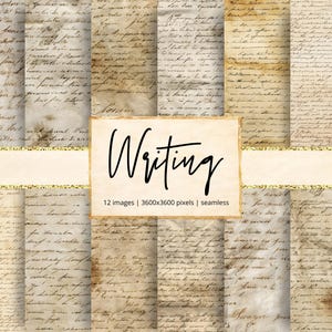 Puede incluir: Un conjunto de 12 imágenes digitales sin costuras que muestran papel envejecido con escritura manuscrita. La palabra "Writing" está en negro sobre un rectángulo crema con un borde dorado. Las imágenes miden 3600x3600 píxeles.