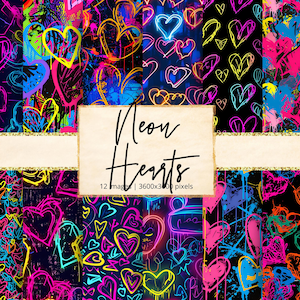 Papier numérique néon graffiti coeur, phosphorescent, clair, rétro, années 80, translucide, amour, romance, brillant, lumineux, fluorescent, arrière-plans, scrapbooking